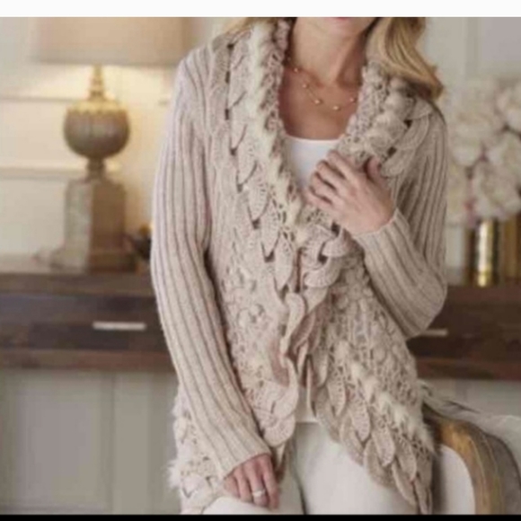 Faux fur wool cocoon shawl collar curved hem pointelle crochet floral cardigan - Picture 10 of 10